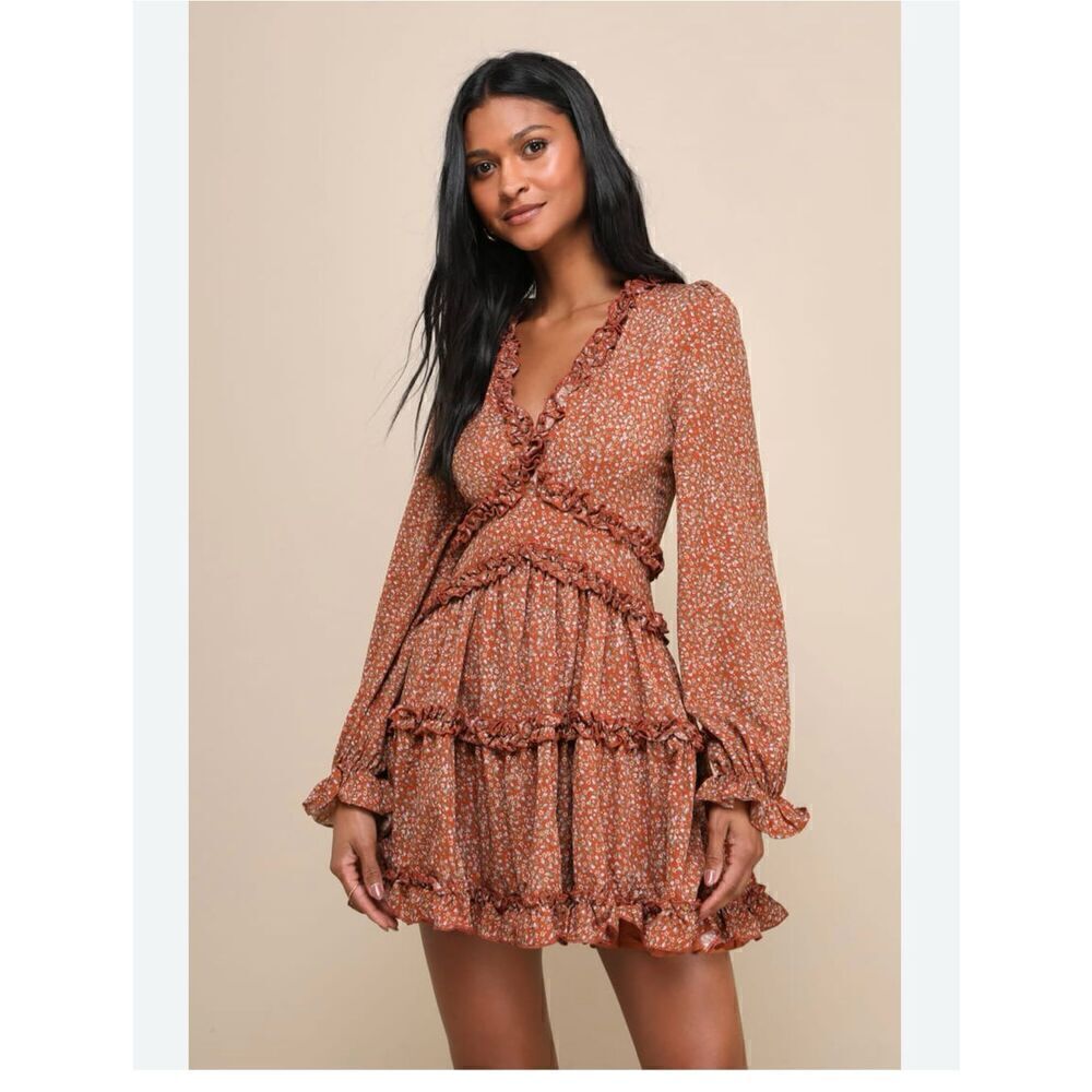 Lulus Women’s Admire You Rust Orange Printed Micro Floral Ruffle Detail Long-sle